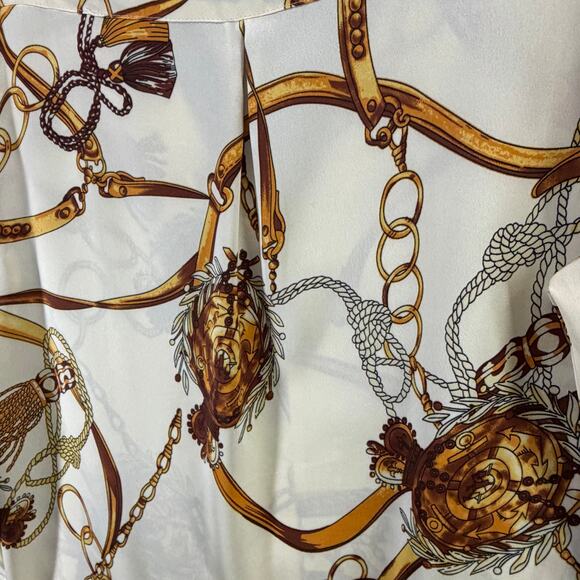 Hippocampe Blouse Top Womens M Cream Chain Print 3/4 Sleeve Old Money Equestrian - Picture 4 of 15